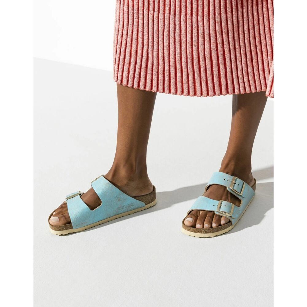 Birkenstock Arizona Washed Metallic Aqua Blue Leather Sandals Size EU 39 US 8